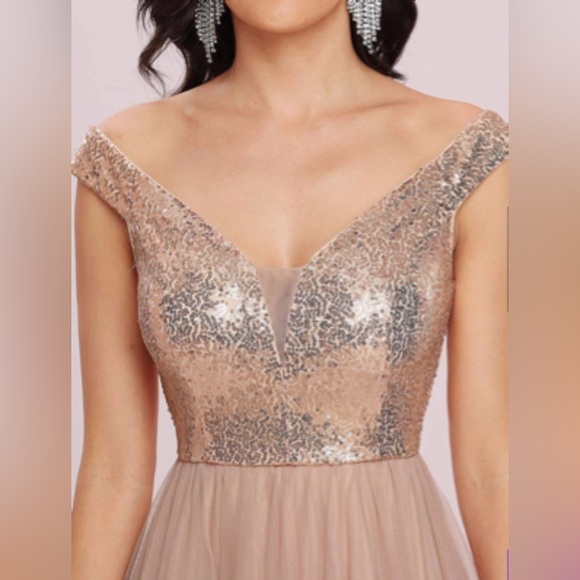NWT Shiny Sequin Bodice Off the Shoulder Maxi Tulle Evening Dress - Rose Gold - Picture 4 of 4